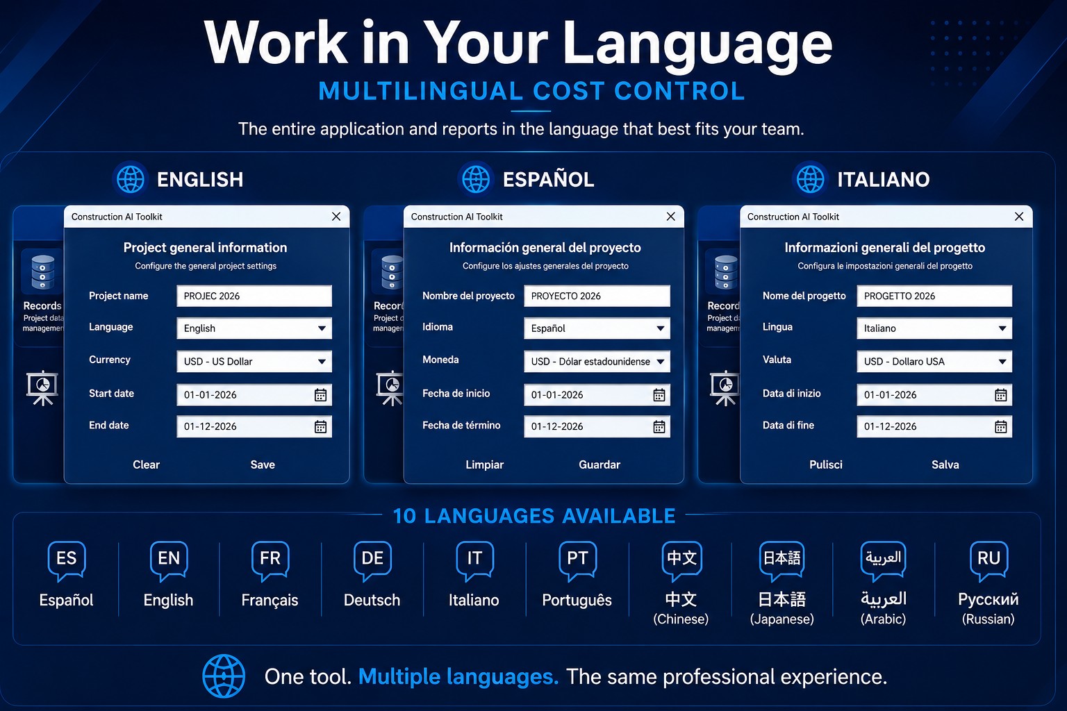 Cost Control multilingual interface